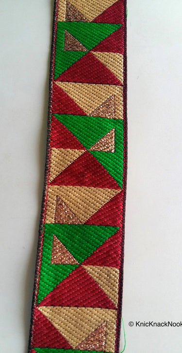 Green, Maroon Red, Beige And Gold Embroidered Trim